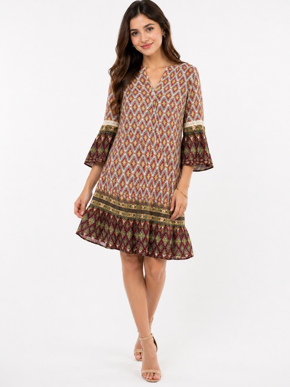Umgee Size‎ Medium Colorful Geometric Long Sleeve Boho Dress